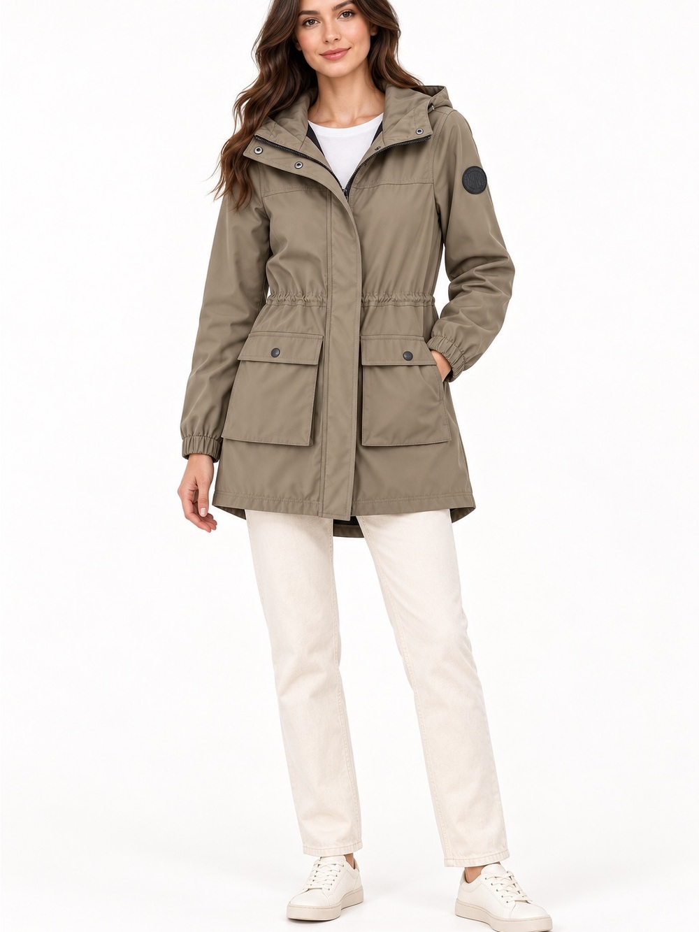 DKNY Women’s Small Taupe Hooded Utility Jacket with waist drawcord. Size small